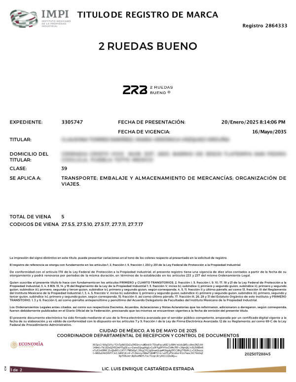 Título de Registro de Marca 2 Ruedas Bueno